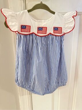 Baby Girls Blue & White Striped Flag Bubble Romper - Classic Whimsy 3 Months